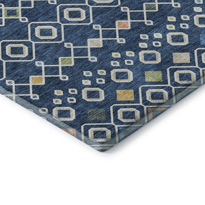HomeRoots 8' Stylish Navy Blue Southwestern Round Rug with Peach & Gold Accents, Washable & UV Protected 674727