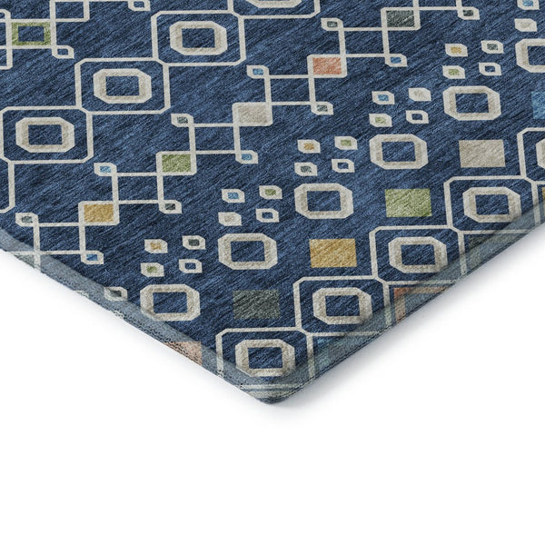 HomeRoots 8' Stylish Navy Blue Southwestern Round Rug with Peach & Gold Accents, Washable & UV Protected 674727