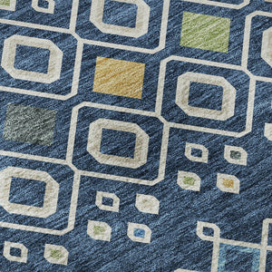 HomeRoots 8' Stylish Navy Blue Southwestern Round Rug with Peach & Gold Accents, Washable & UV Protected 674727
