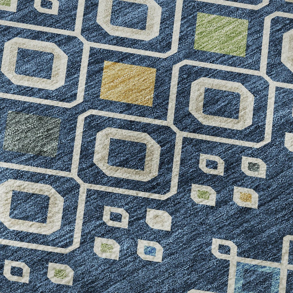 HomeRoots 8' Stylish Navy Blue Southwestern Round Rug with Peach & Gold Accents, Washable & UV Protected 674727