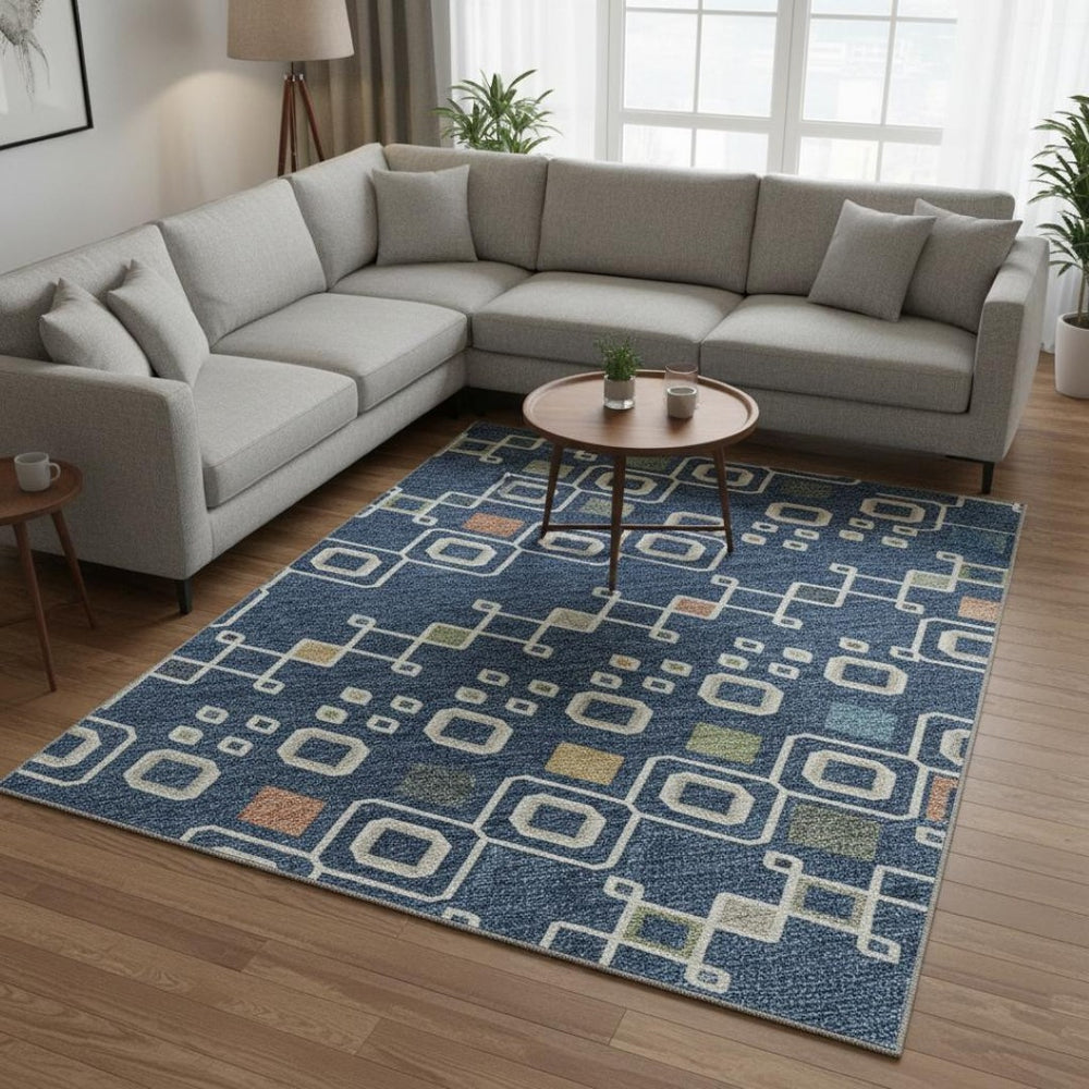 HomeRoots 8' X 10' Navy Blue Peach Gold Southwestern Area Rug - Washable, UV Protected & Durable for Homes 674728