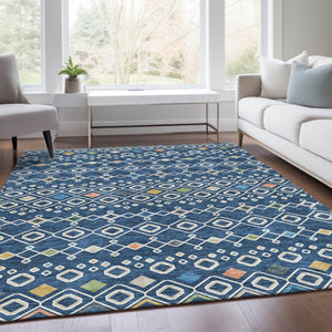 HomeRoots 8' X 10' Navy Blue Peach Gold Southwestern Area Rug - Washable, UV Protected & Durable for Homes 674728