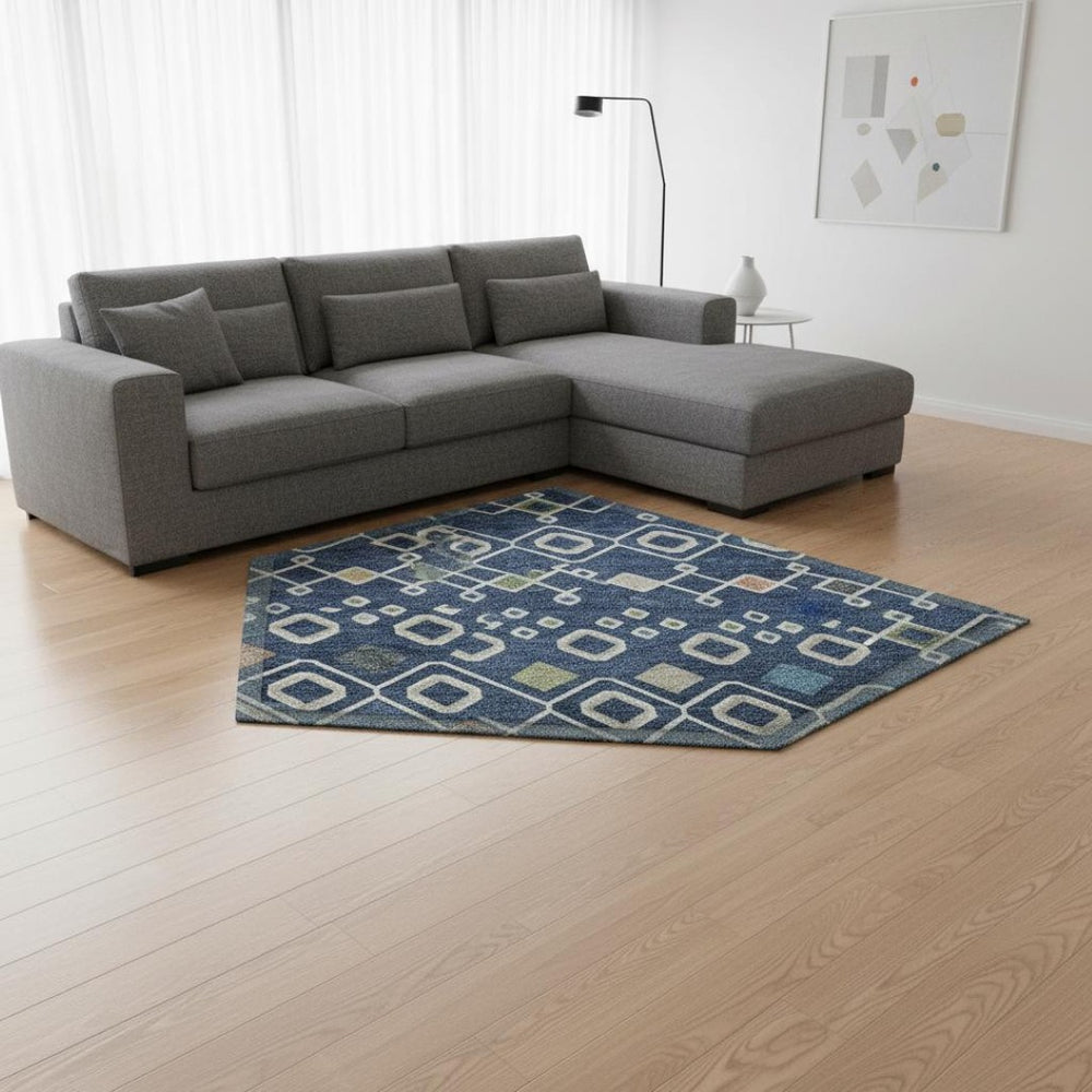 HomeRoots 9' Navy Blue Peach Gold Southwestern Washable Area Rug - UV Protected, Stain Resistant, Durable Design 674729