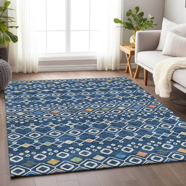 HomeRoots 9' Navy Blue Peach Gold Southwestern Washable Area Rug - UV Protected, Stain Resistant, Durable Design 674729