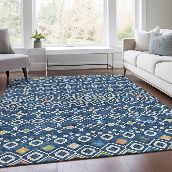 HomeRoots 9' Navy Blue Peach Gold Southwestern Washable Area Rug - UV Protected, Stain Resistant, Durable Design 674729