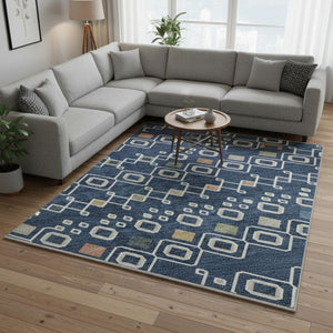 HomeRoots 10' Navy Blue Peach & Gold Southwestern Area Rug - Washable, UV Protected, Ideal for High-Traffic Homes 674730