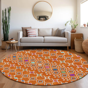 HomeRoots 8' Vibrant Southwestern Round Rug in Orange, Purple & Blue - Washable, Stain-Resistant & UV Protected! 674733