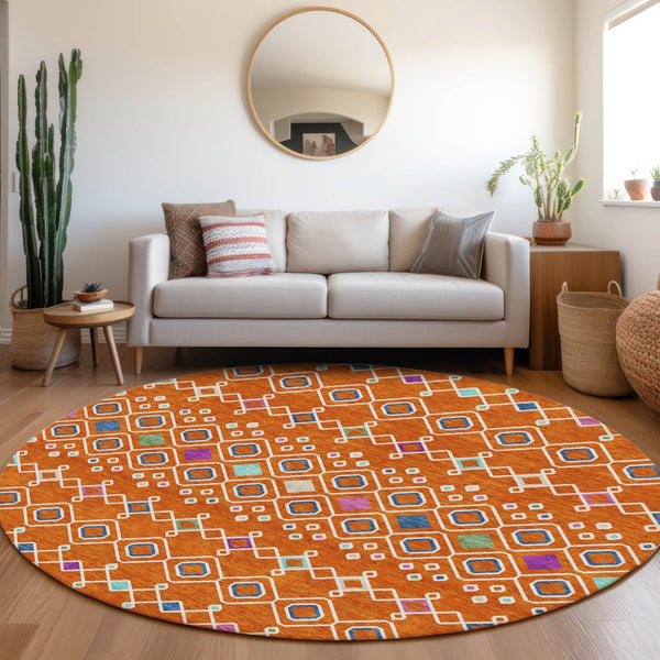 HomeRoots 8' Vibrant Southwestern Round Rug in Orange, Purple & Blue - Washable, Stain-Resistant & UV Protected! 674733