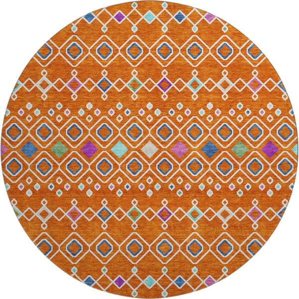HomeRoots 8' Vibrant Southwestern Round Rug in Orange, Purple & Blue - Washable, Stain-Resistant & UV Protected! 674733