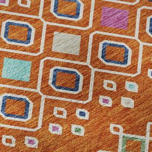 HomeRoots 8' Vibrant Southwestern Round Rug in Orange, Purple & Blue - Washable, Stain-Resistant & UV Protected! 674733