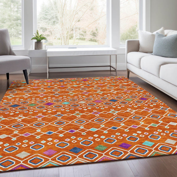 HomeRoots 10' Southwestern Washable Area Rug in Vibrant Orange, Purple & Blue - Pet-Friendly, UV Protected! 674736