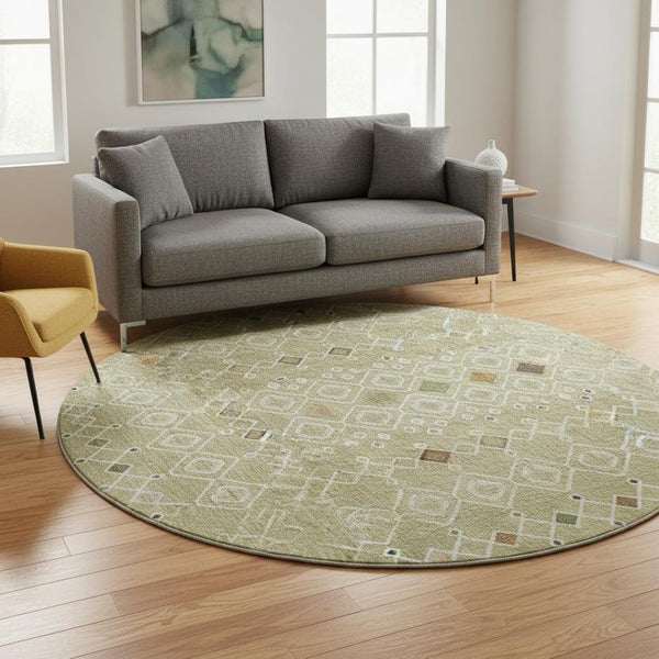 HomeRoots 8' Southwestern Round Rug in Sage Beige & Gold - Washable, UV Protected, Ideal for Busy Homes 674739