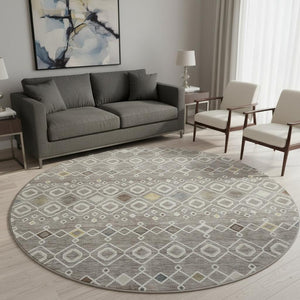 HomeRoots 8' Southwestern Washable Round Rug in Taupe, Ivory & Gold - UV Protected, Stain Resistant & Durable 674745