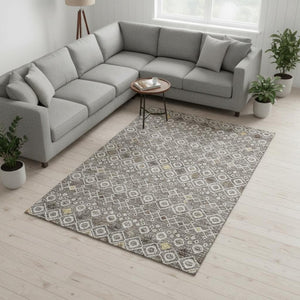 HomeRoots 9' X 12' Southwestern Washable Area Rug in Taupe Ivory Gold - UV Protected, Stain-Resistant Design 674747