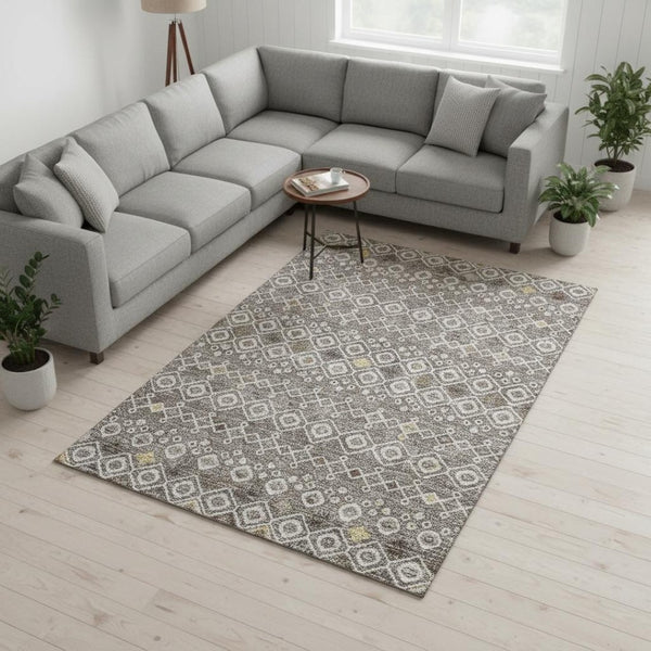 HomeRoots 9' X 12' Southwestern Washable Area Rug in Taupe Ivory Gold - UV Protected, Stain-Resistant Design 674747