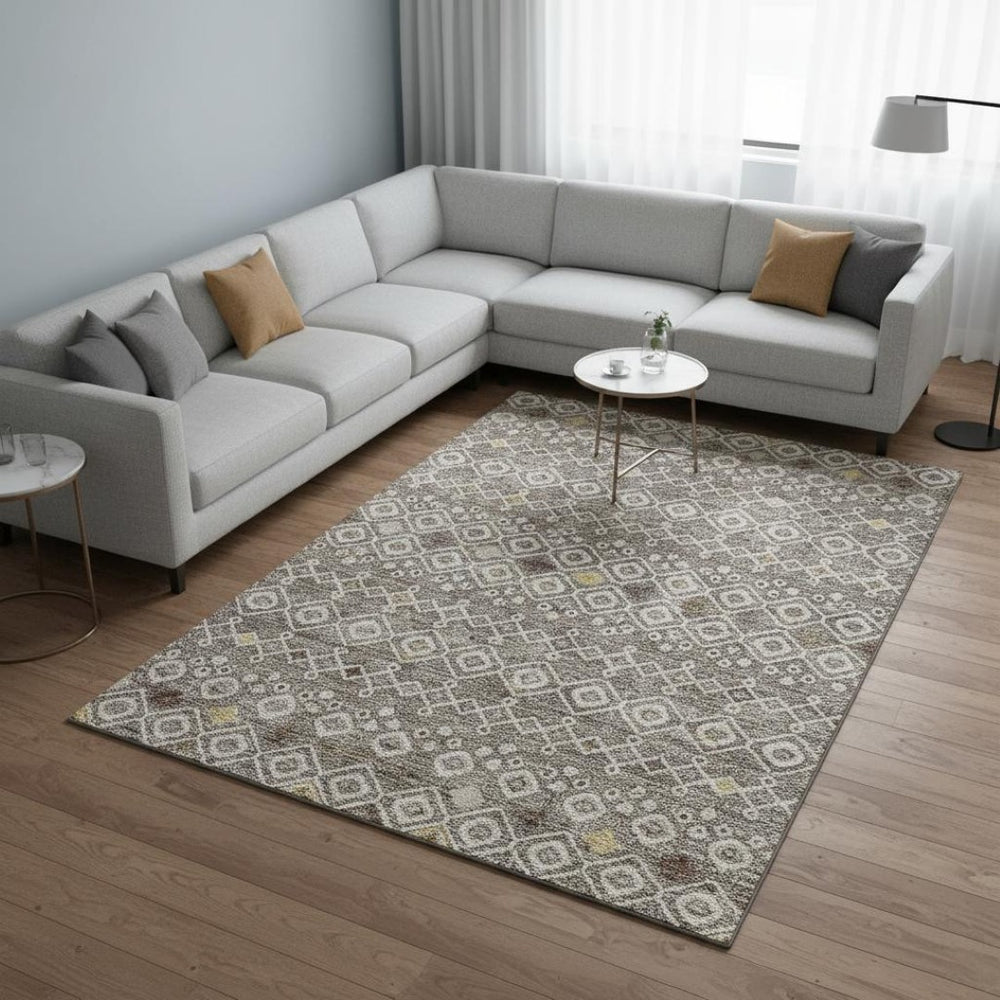 HomeRoots 10' X 14' Southwestern Washable Area Rug in Taupe, Ivory & Gold – Durable, UV-Protected Design! 674748