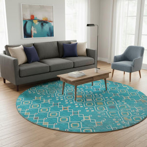 HomeRoots 8' Southwestern-Inspired Teal, Gold & Green Washable Round Rug with UV Protection for Homes 674751