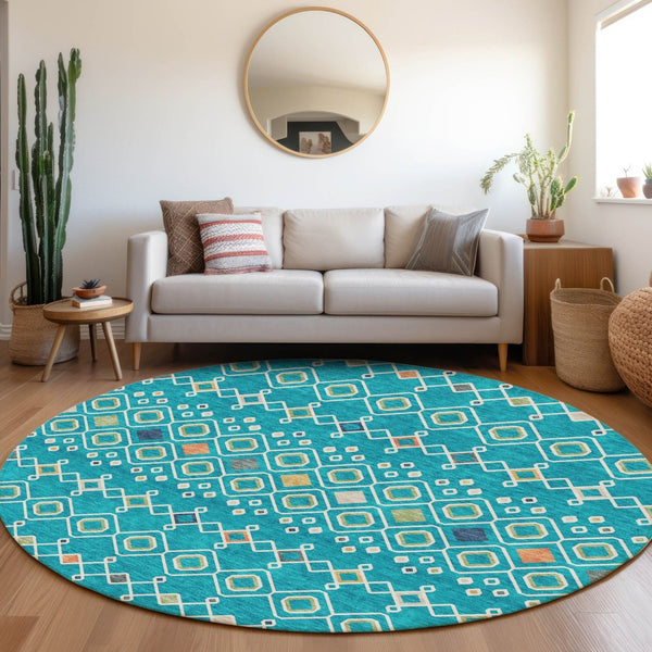 HomeRoots 8' Southwestern-Inspired Teal, Gold & Green Washable Round Rug with UV Protection for Homes 674751