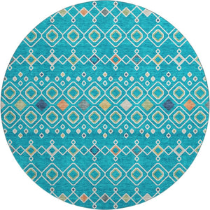 HomeRoots 8' Southwestern-Inspired Teal, Gold & Green Washable Round Rug with UV Protection for Homes 674751