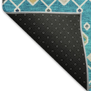 HomeRoots 8' Southwestern-Inspired Teal, Gold & Green Washable Round Rug with UV Protection for Homes 674751