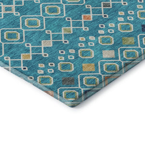 HomeRoots 8' Southwestern-Inspired Teal, Gold & Green Washable Round Rug with UV Protection for Homes 674751