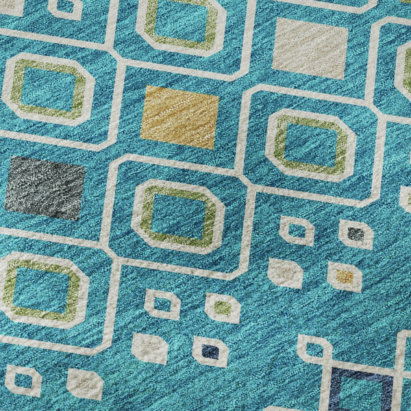 HomeRoots 8' Southwestern-Inspired Teal, Gold & Green Washable Round Rug with UV Protection for Homes 674751