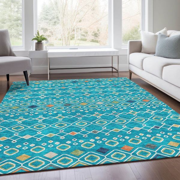 HomeRoots 9' X 12' Southwestern Area Rug in Teal Gold & Green – Washable, UV-Protected, Durable & Stylish! 674753
