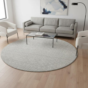 HomeRoots 8' Beige and Ivory Striped Washable Round Rug - UV Protected, Stain-Resistant, Durable for High-Traffic Areas 674757