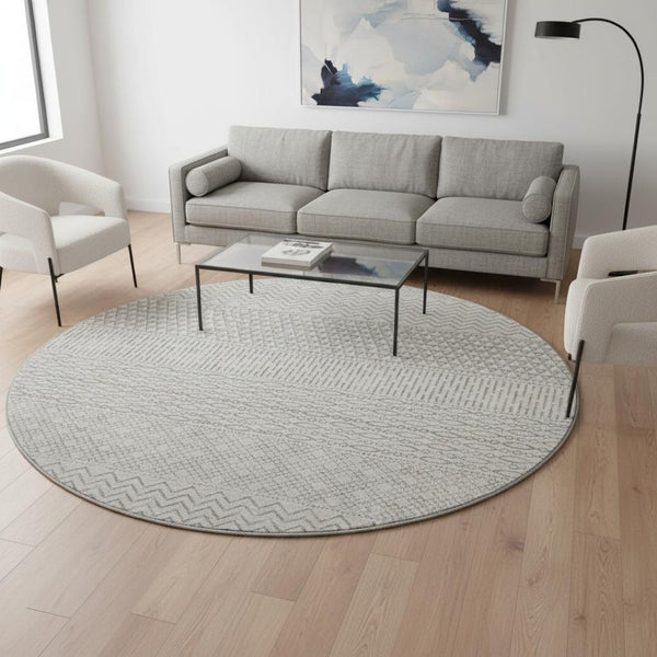 HomeRoots 8' Beige and Ivory Striped Washable Round Rug - UV Protected, Stain-Resistant, Durable for High-Traffic Areas 674757