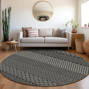 HomeRoots 8' Black and Ivory Striped Washable Round Rug - Durable, UV Protected, Ideal for Busy Households! 674763