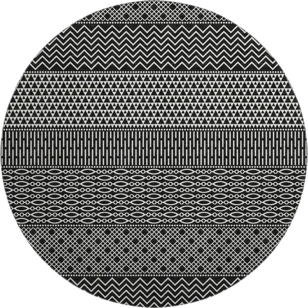 HomeRoots 8' Black and Ivory Striped Washable Round Rug - Durable, UV Protected, Ideal for Busy Households! 674763