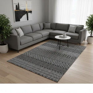 HomeRoots 8' X 10' Black and Ivory Striped Area Rug – Washable, UV Protected, Durable for High-Traffic Spaces! 674764