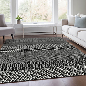 HomeRoots 8' X 10' Black and Ivory Striped Area Rug – Washable, UV Protected, Durable for High-Traffic Spaces! 674764