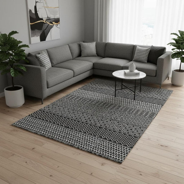 HomeRoots 10' Black and Ivory Striped Washable Area Rug - UV Protected, Durable, Easy Care for High-Traffic Spaces 674766