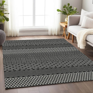 HomeRoots 10' Black and Ivory Striped Washable Area Rug - UV Protected, Durable, Easy Care for High-Traffic Spaces 674766