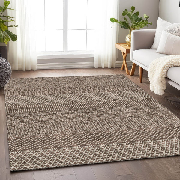 HomeRoots 5' X 8' Striped Area Rug in Brown & Beige - Durable, Washable, UV-Protected for High-Traffic Spaces 674768