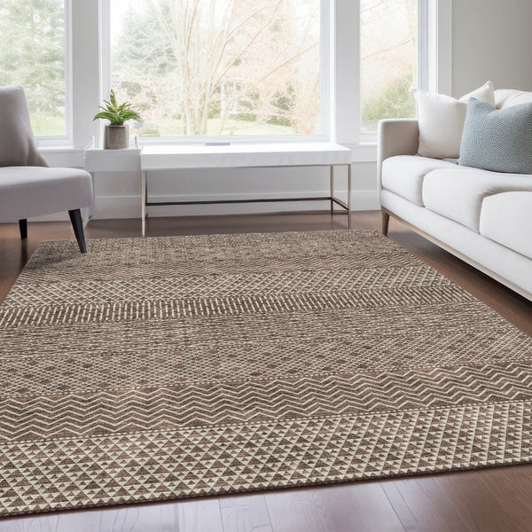 HomeRoots 5' X 8' Striped Area Rug in Brown & Beige - Durable, Washable, UV-Protected for High-Traffic Spaces 674768