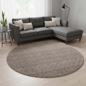 HomeRoots 8' Brown and Beige Striped Washable Round Rug - Durable, UV-Protected, Perfect for Family Spaces! 674769