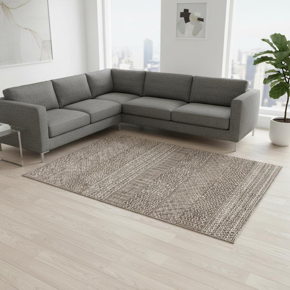 HomeRoots 8' X 10' Brown & Beige Striped Washable Area Rug - Durable, Stain Resistant, UV Protected Comfort! 674770