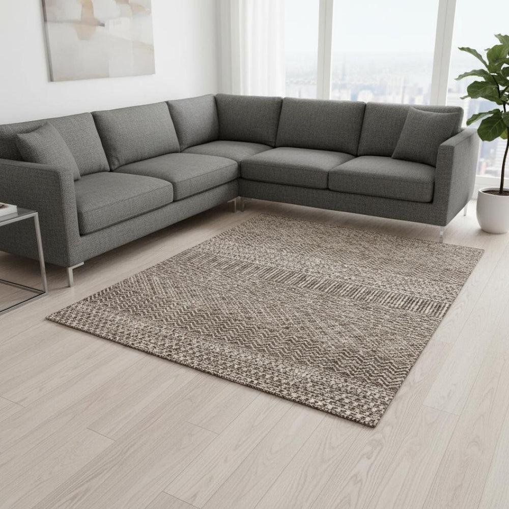 HomeRoots 9' X 12' Brown and Beige Striped Area Rug – Durable, Washable, UV-Protected for Family Spaces 674771