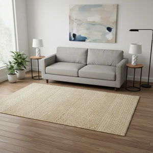 HomeRoots 5' Gold and Ivory Striped Washable Area Rug with UV Protection for High-Traffic Rooms & Kids 674774