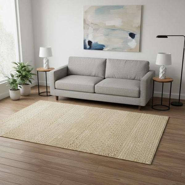 HomeRoots 5' Gold and Ivory Striped Washable Area Rug with UV Protection for High-Traffic Rooms & Kids 674774