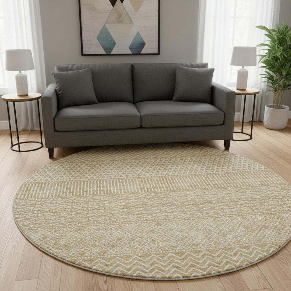 HomeRoots 8' Gold and Ivory Striped Round Rug – Washable, UV-Protected, Durable & Stylish for Any Room 674775