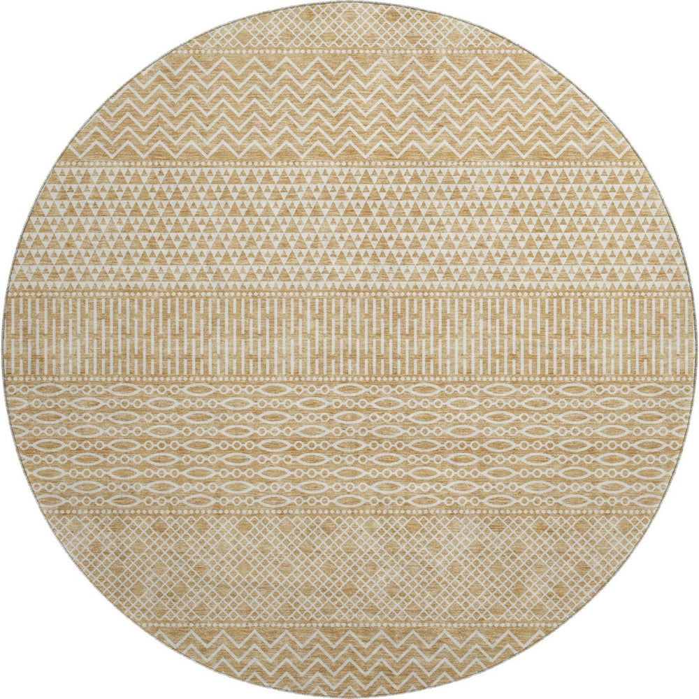 HomeRoots 8' Gold and Ivory Striped Round Rug – Washable, UV-Protected, Durable & Stylish for Any Room 674775