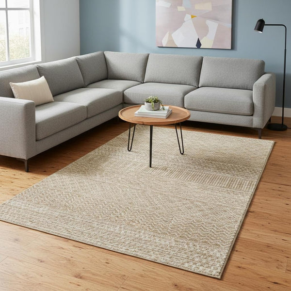 HomeRoots 9' X 12' Gold And Ivory Striped Area Rug – Durable, Washable, UV-Protected for Your Stylish Home Decor 674777
