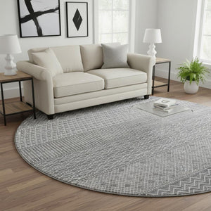 HomeRoots 8' Stylish Gray and Silver Striped Washable Round Rug with UV Protection for High Traffic Areas 674781
