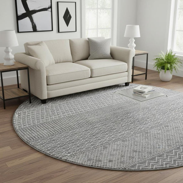 HomeRoots 8' Stylish Gray and Silver Striped Washable Round Rug with UV Protection for High Traffic Areas 674781