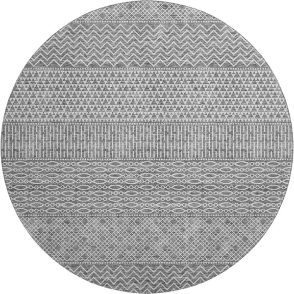 HomeRoots 8' Stylish Gray and Silver Striped Washable Round Rug with UV Protection for High Traffic Areas 674781