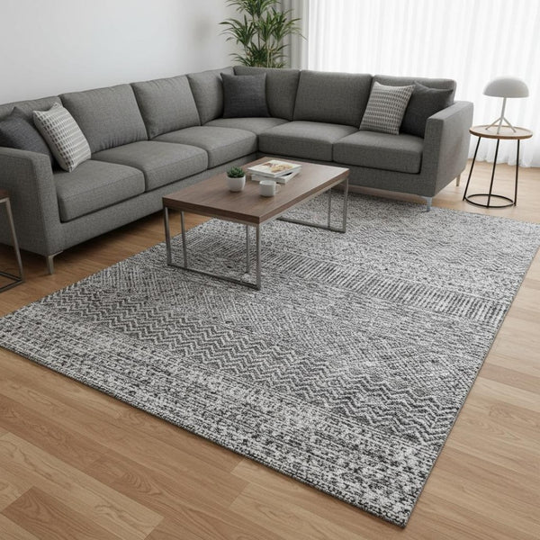 HomeRoots 9' X 12' Striped Gray and Silver Washable Area Rug with UV Protection for Stylish, High-Traffic Spaces 674783