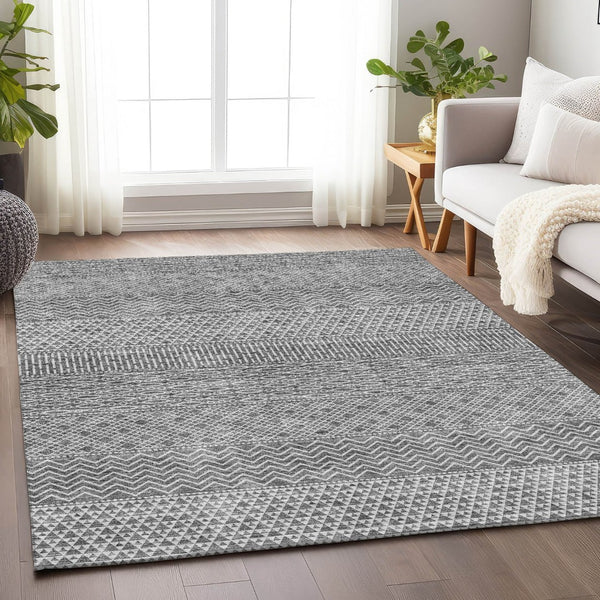 HomeRoots 10' Gray & Silver Striped Washable Area Rug – Durable, UV-Protected, Stain-Resistant for High Traffic Homes 674784